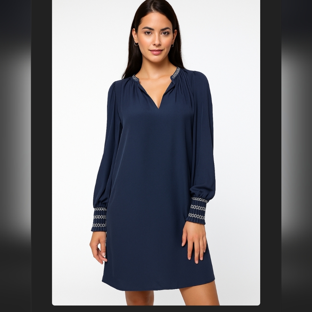 Ann Taylor Navy Blue Long Sleeve Shift Dress Embroidered Cuffs